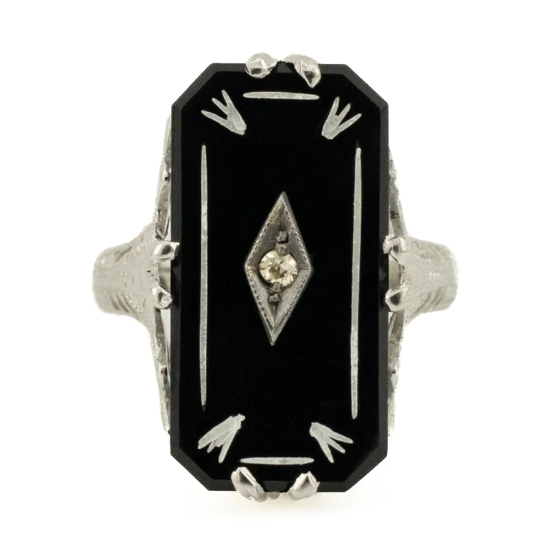 Crystal-twisted engagement rings-Vintage Onyx and Diamond Gemstone Ring in 14K White Gold - Size 3.75