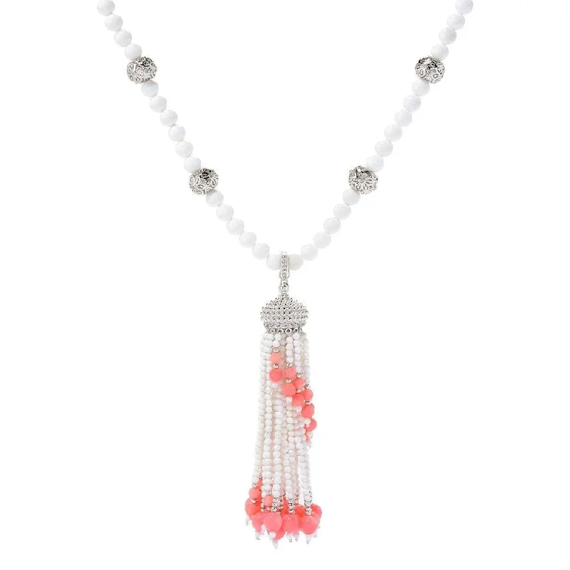 Sleek pendant necklaces-Sterling Silver White Agate & pink Coral Gemstone Tassel Enhancer Pendant w/ 30" Bead Necklace