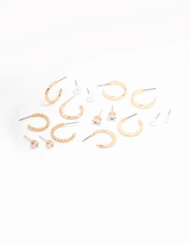 Tiny star earrings-Gold Pearl Diamante Mixed Hoop & Stud Earring 8-Pack