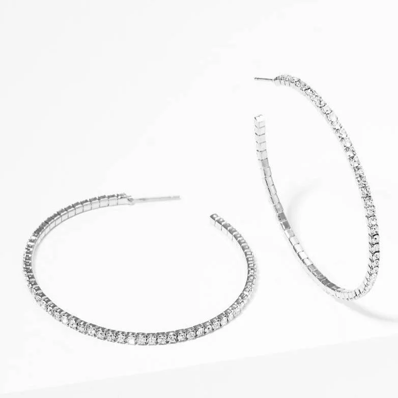 Swirl shape earrings-Silver Large Crystal Hoop Earrings