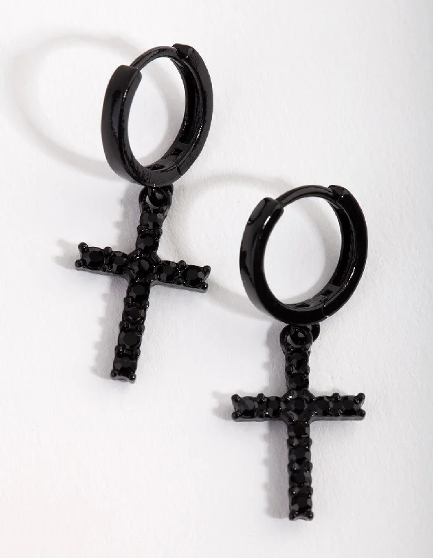 Woven cord earrings-Matte Diamante Cross Huggie Earrings