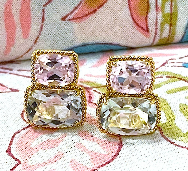 Bamboo style earrings-18kt Yellow Gold Medium Double Cushion Cut Earring with Rope Twist Border with Kunzite and Green Amethyst