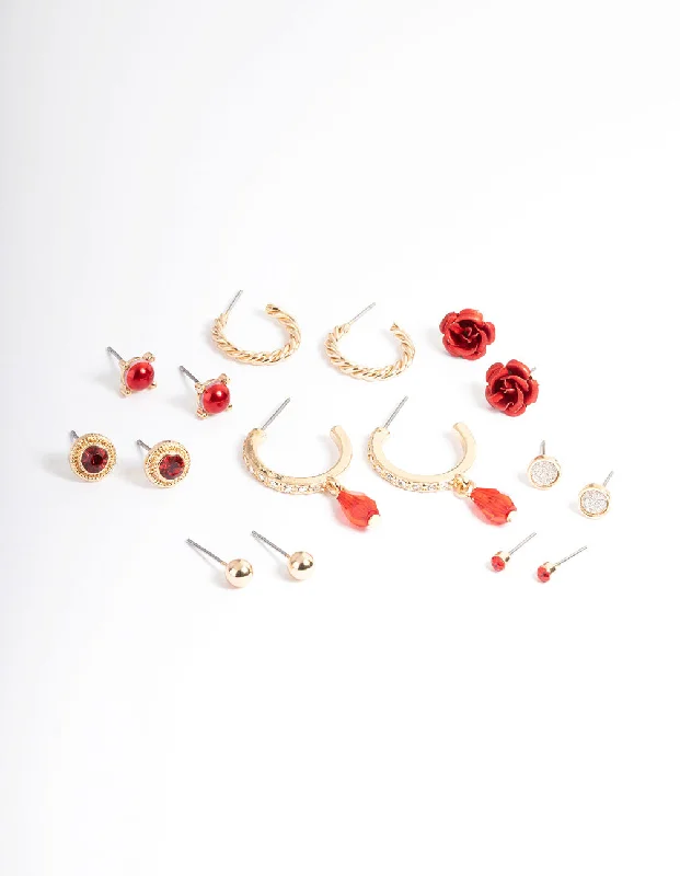 Light clay earrings-Gold Pretty Mixed Rose Earrings 8-Pack