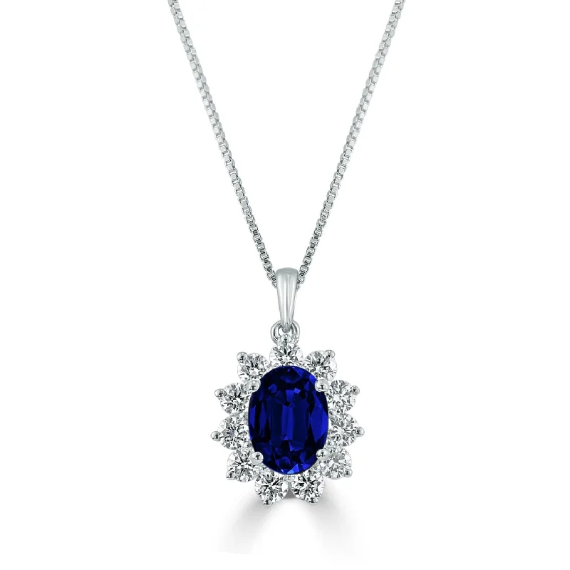 Vivid stone necklaces-Auriya 18K Gold Oval-Shaped 1 3/8ct Royal Blue Sapphire Diamond Halo Necklace