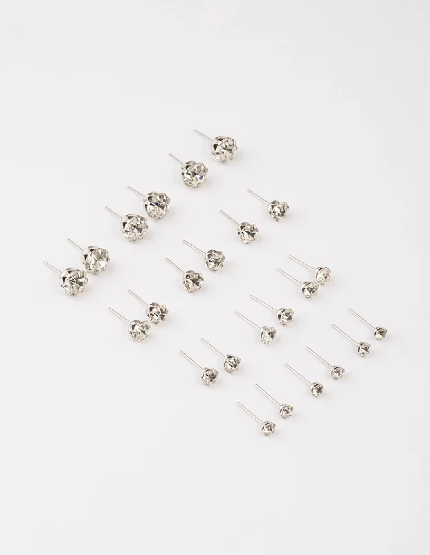 Ruby stone earrings-Silver Classic Diamante Graduating Earrings 8-Pack