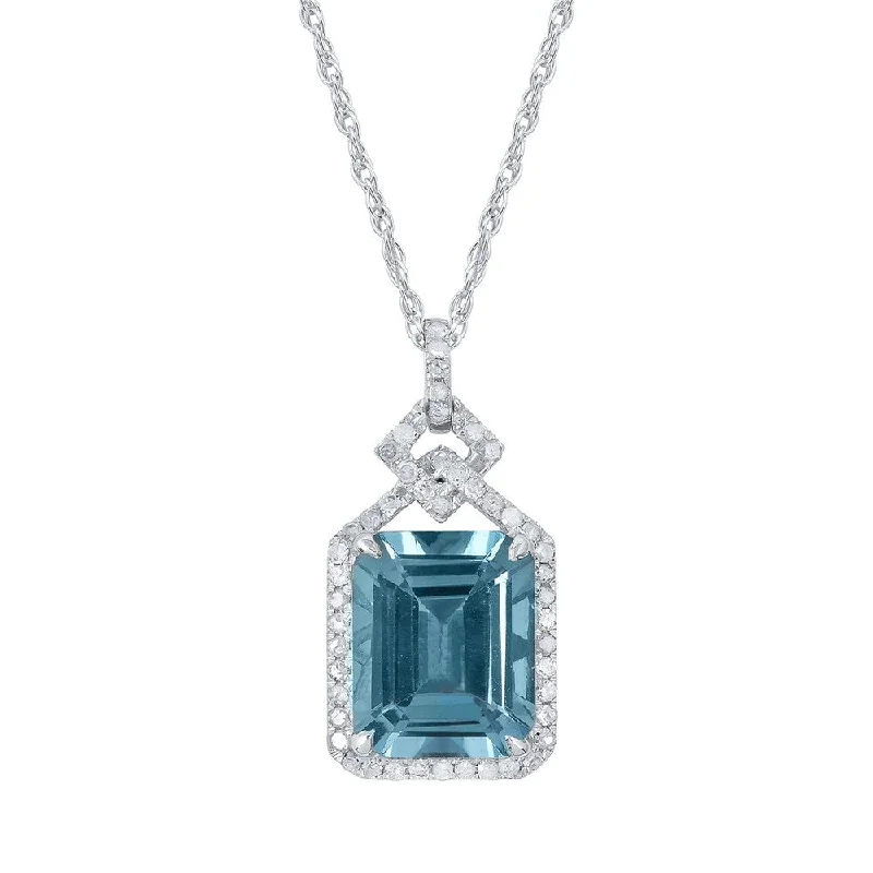 Loop knot necklaces-Viducci 10k White Gold Genuine Emerald-cut Blue Topaz and 1/4ct Diamond Halo Necklace