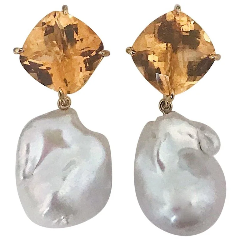 Wave design earrings-Yellow Gold Orange Citrine Stud with Baroque Pearl Drop Earring