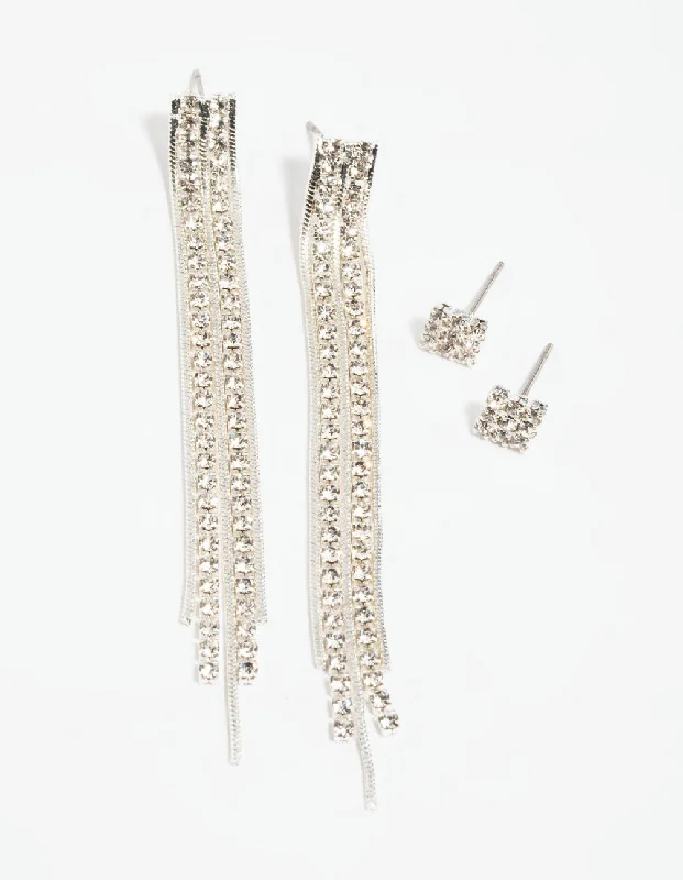 Light clay earrings-Silver Diamante Stud Earring Set