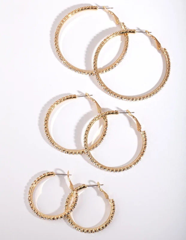 Tiny dot earrings-Mixed Size Gold Diamante Hoop Pack