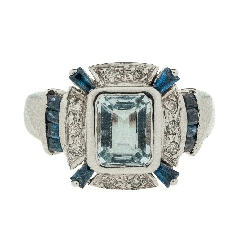 Asymmetrical engagement rings-2.39ctw Aquamarine with Sapphire and Diamond Accents Ring in 14K White Gold - Size 7