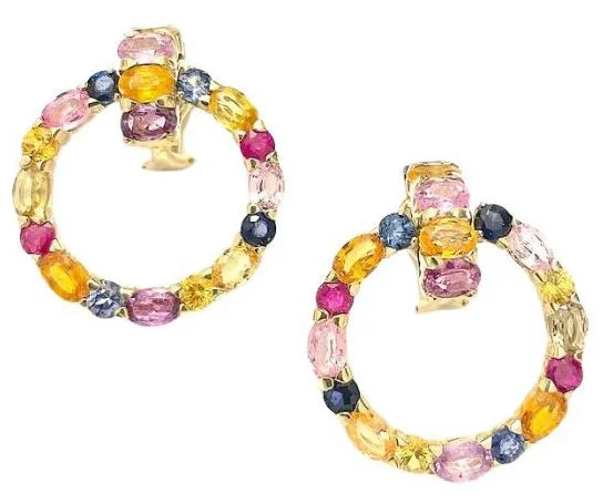 Vibrant enamel earrings-18 Karat Yellow Gold Multi-Color Sapphire Hoop Drop Earring