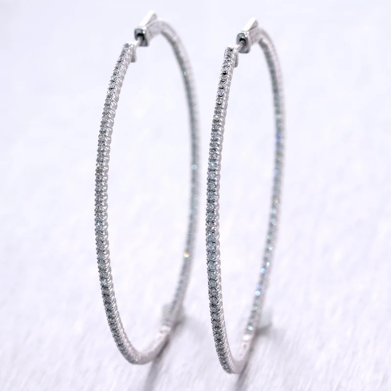 Bamboo style earrings-Modern 14k White Gold 1.75ctw Diamond In & Out Hoop Earrings