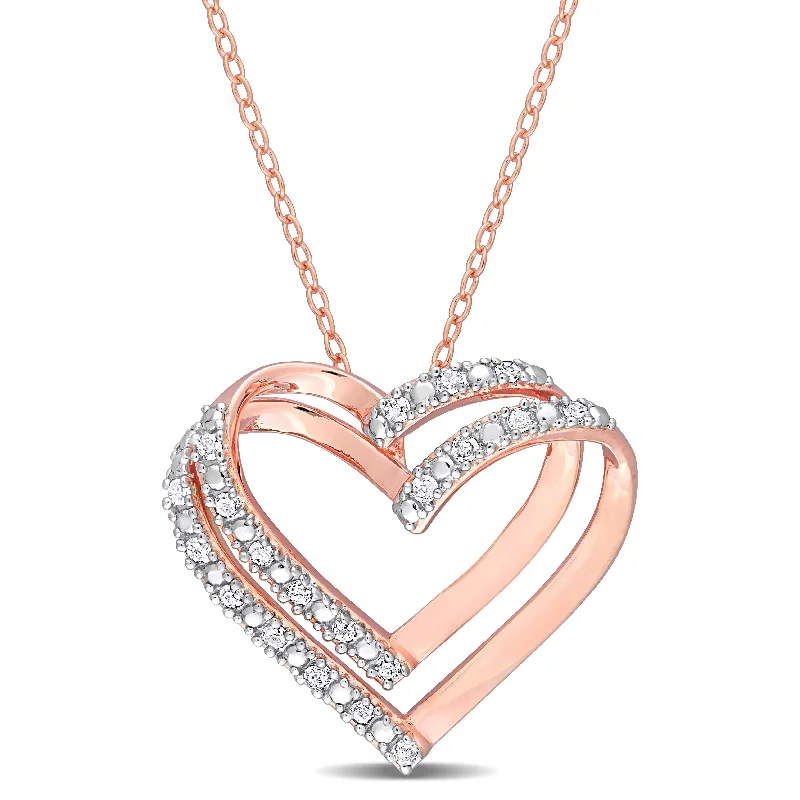 Retro deco necklaces-Miadora 1/5ct TDW Diamond Open Double Heart Necklace in Rose Plated Sterling Silver