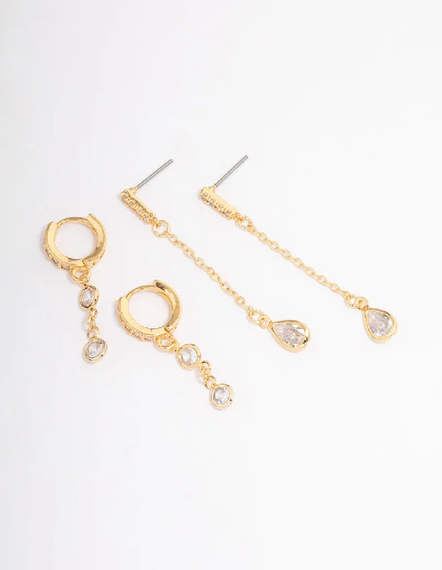 Radiant star earrings-Gold Plated Round & Pearl Cubic Zirconia Earrings Pack