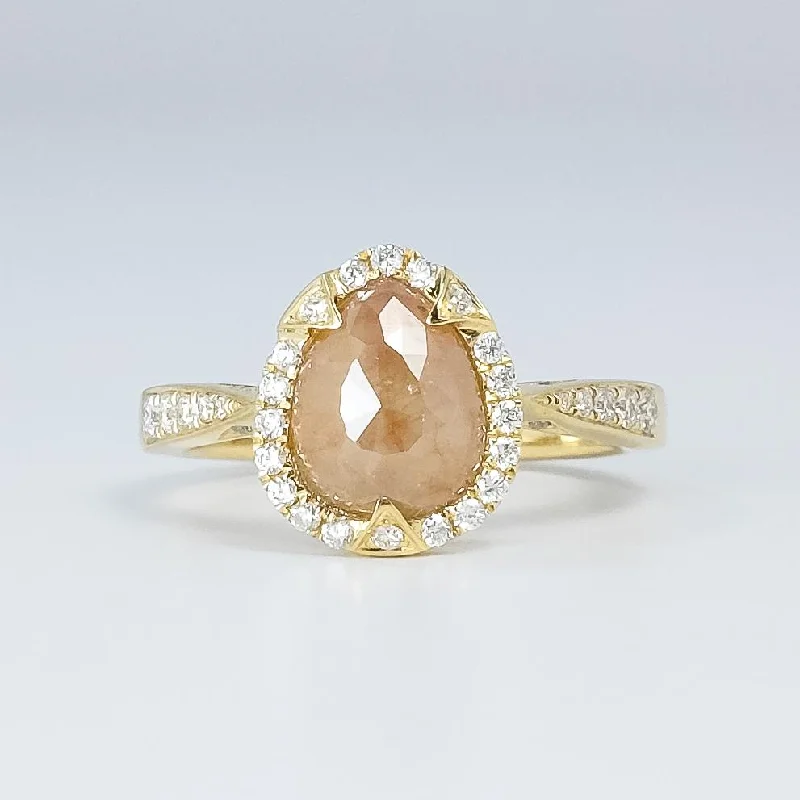 Mystic eye engagement rings-14K Yellow Gold 1.40ct Pear Shape Rose-Cut Amber Diamond Halo Statement Ring