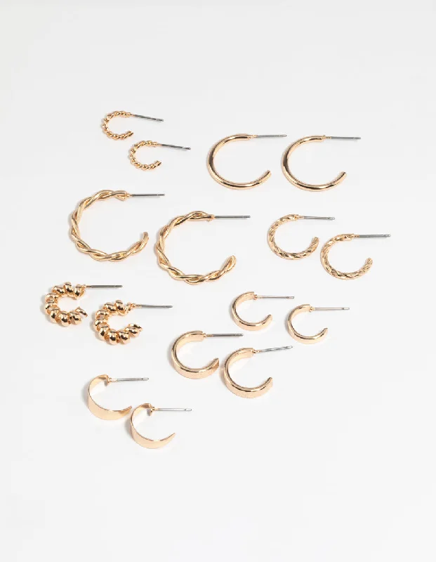 Glossy silver earrings-Gold Twisted Hoop Earring 8-Pack