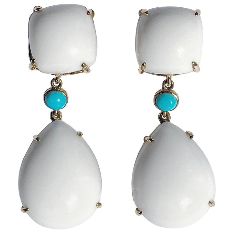 Glossy silver earrings-Yellow Gold Pear Drop Earring with White Jade and Bezel Set Turquoise Accent