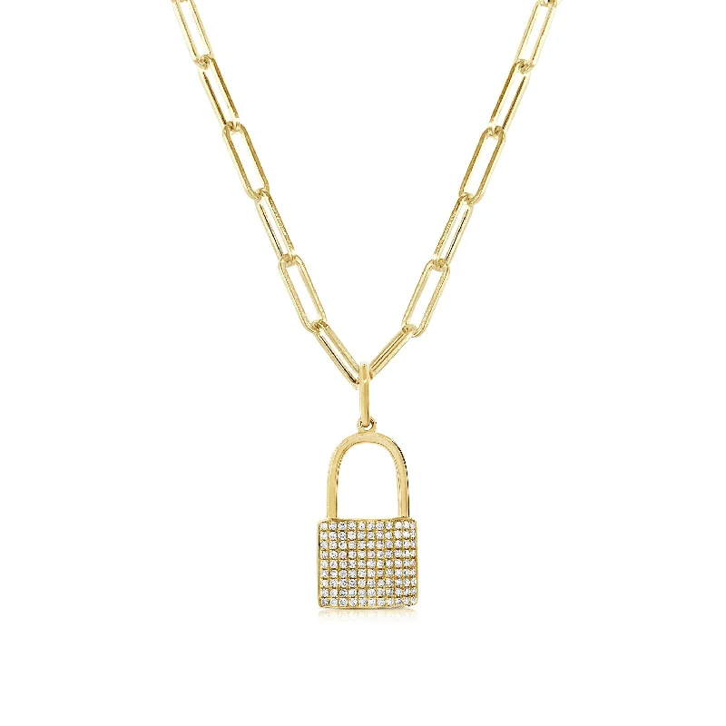 Cotton braid necklaces-Joelle Diamond Lock Charm Paperclip Link Chain 3/8 ct. Necklace 14K Yellow Gold