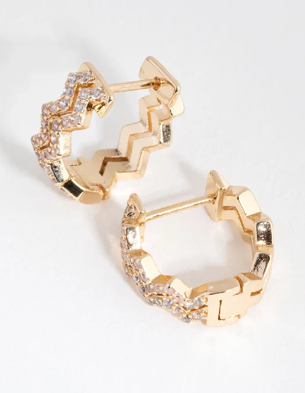 Reef knot earrings-Gold Diamante Zig Zag Huggie Earrings