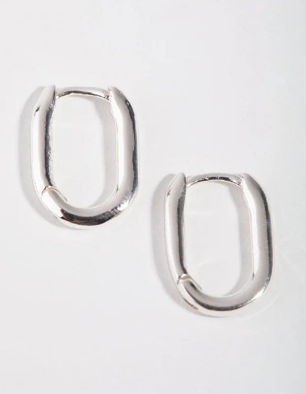 Dove feather earrings-Sterling Silver Sleek Oval Huggie Earrings