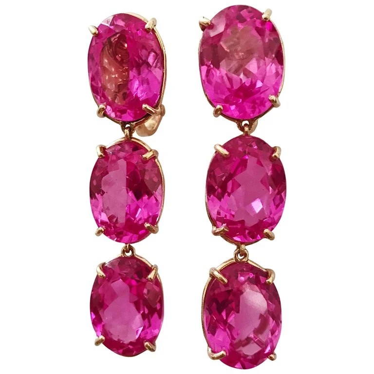 Worn medallion earrings-Elegant Three-Stone Drop Earrings with Pink Topaz