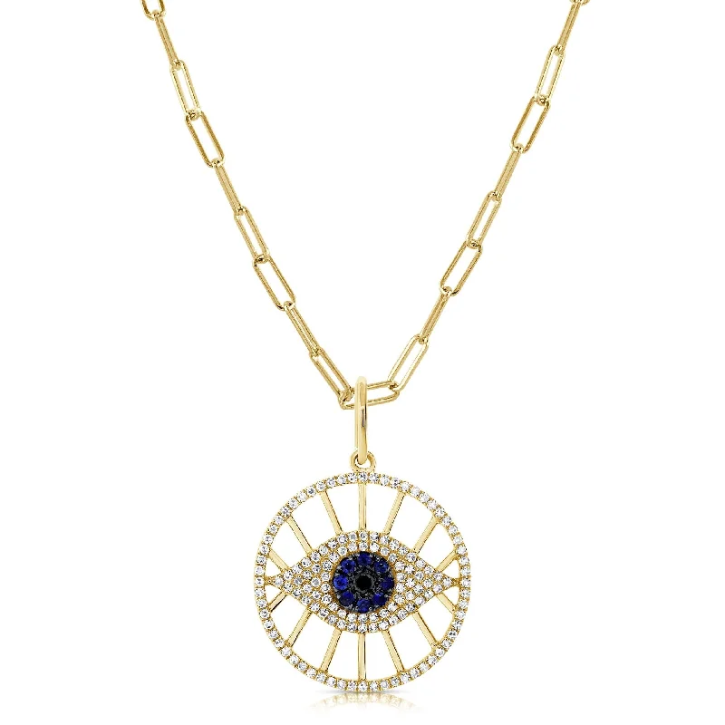 Flat knot necklaces-Joelle Evil Eye Necklace Diamond, Sapphire & Blue Lapis 14K Yellow Gold on 16-inch Paperclip Chain