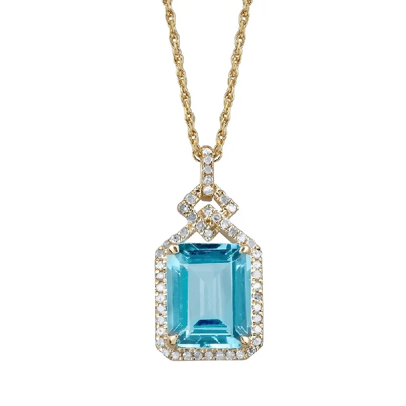 Neat-line necklaces-Viducci 10k Yellow Gold Genuine Emerald-cut Blue Topaz and 1/4ct Diamond Halo Necklace