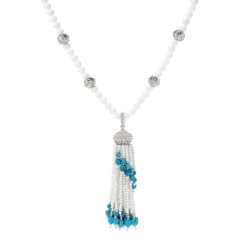 Onyx gem necklaces-Dallas Prince Sterling Silver White Agate & Gemstone Tassel Enhancer Pendant w/ 30" Bead Necklace