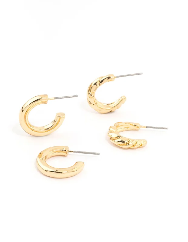 Square stud earrings-Gold Plated Textured & Smooth Hoop Earrings 2-Pack