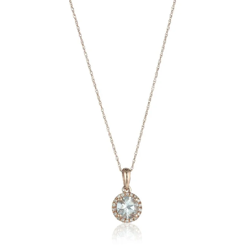 Slanted design necklaces-10k Rose Gold Aquamarine and Diamond Classic Princess Di Halo Pendant Necklace, 18"