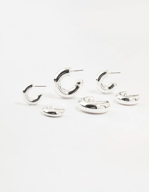 Wave design earrings-Silver Plated Chunky Bubble Hoop Earrings 3-Pack