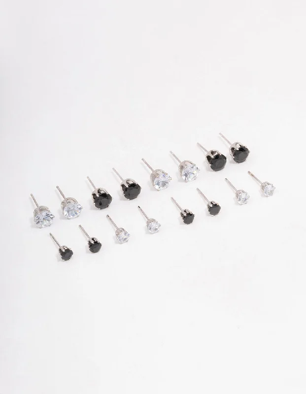 Fox wing earrings-Silver Basic Diamante Stud Earring 8-Pack