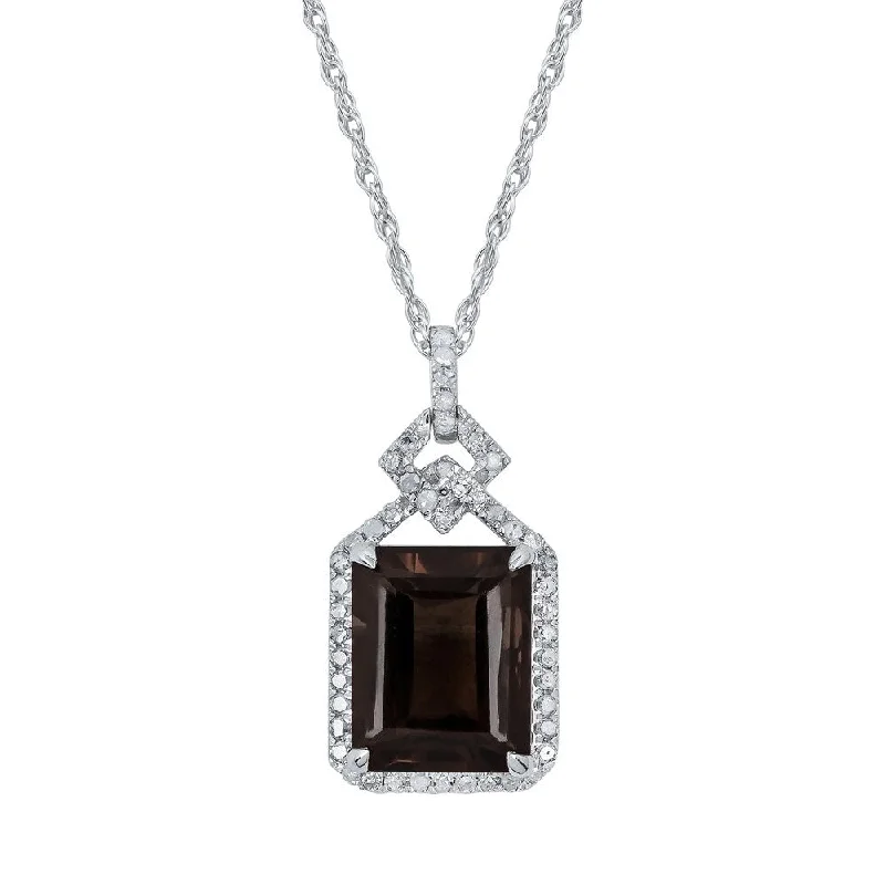 Sleek pendant necklaces-Viducci 10k White Gold Genuine Emerald-cut Smoky Quartz and 1/4ct Diamond Halo Necklace