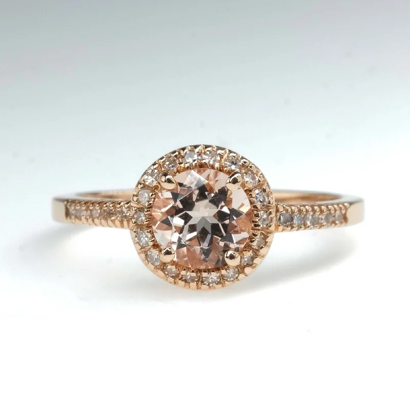 Square gem engagement rings-Morganite with Diamond Halo and Side Accents Ring in 14K Rose Gold