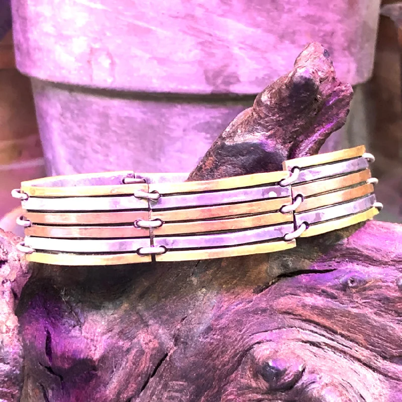 Heavy cuff bangles-Heavy Tri-Metal Sterling Silver Copper Brass Panel Bracelet