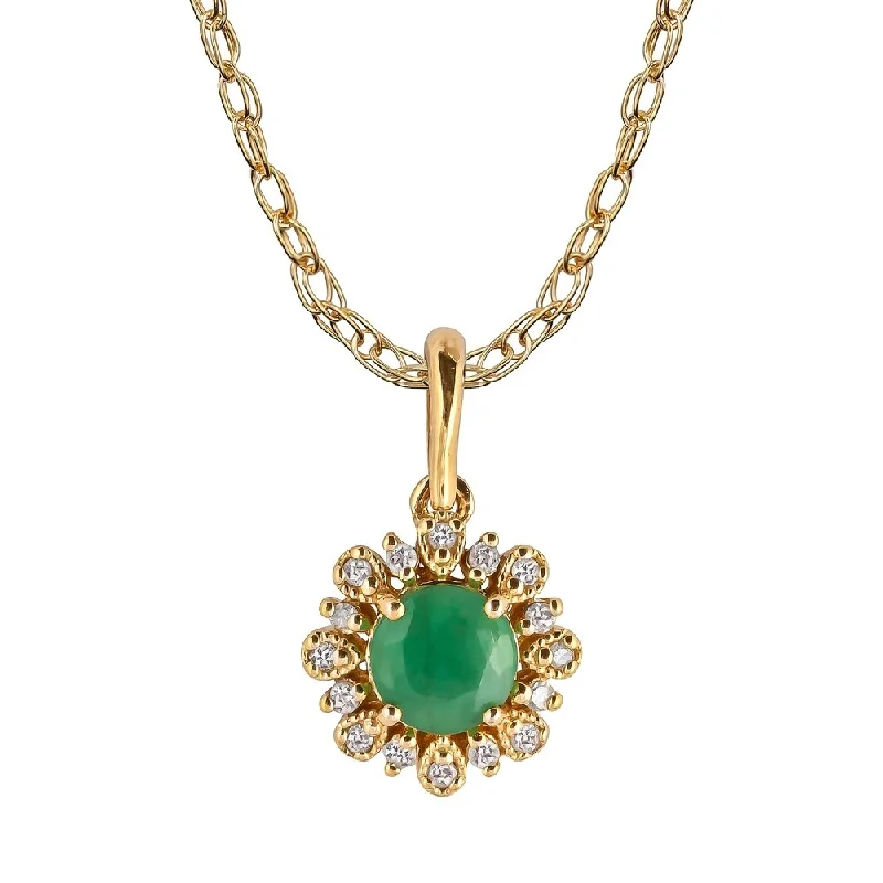 Worn style necklaces-Viducci 10k Yellow Gold Genuine Round Emerald and Diamond Vintage Style Halo Pendant Necklace