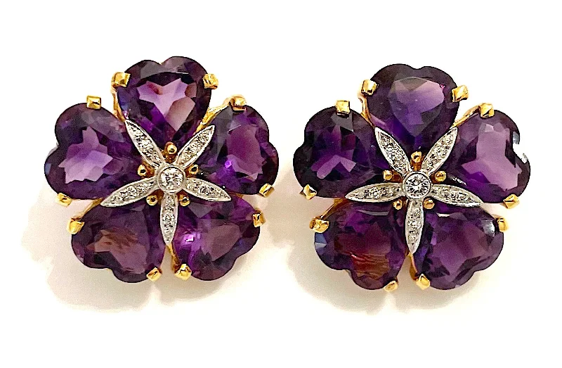 Tiny star earrings-18kt Yellow Gold Large Sand Dollar Earring with Amethyst and Diamonds