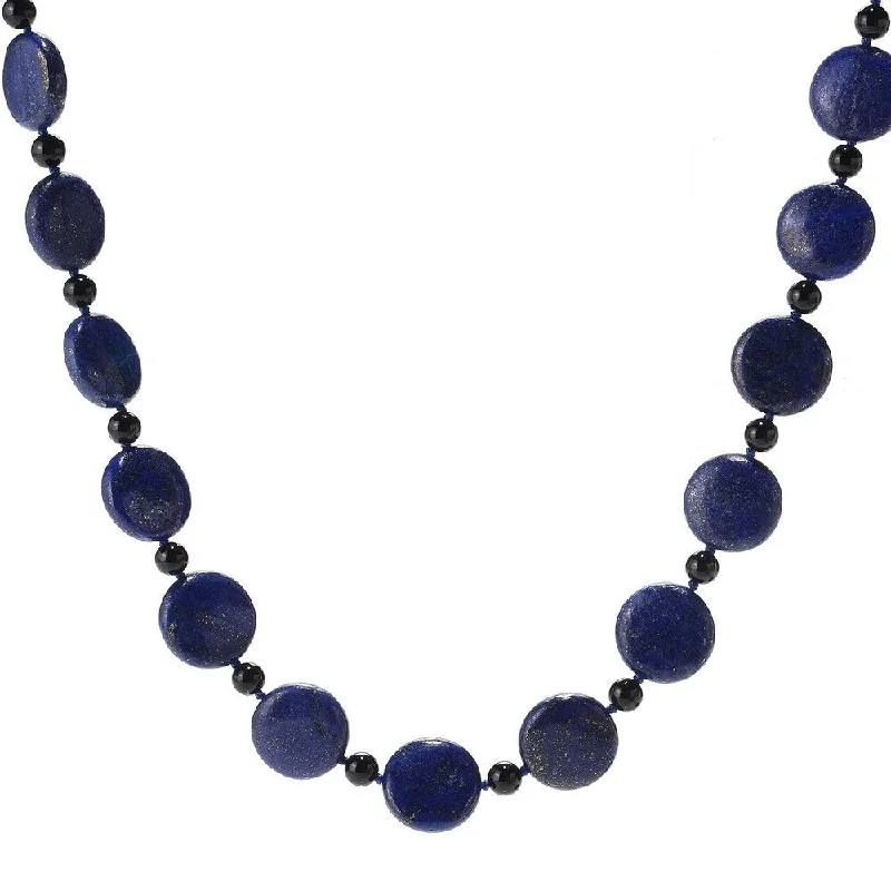 Heavy collar necklaces-28" 18mm Coin Shaped Lapis & Onyx Beaded Endless Necklace