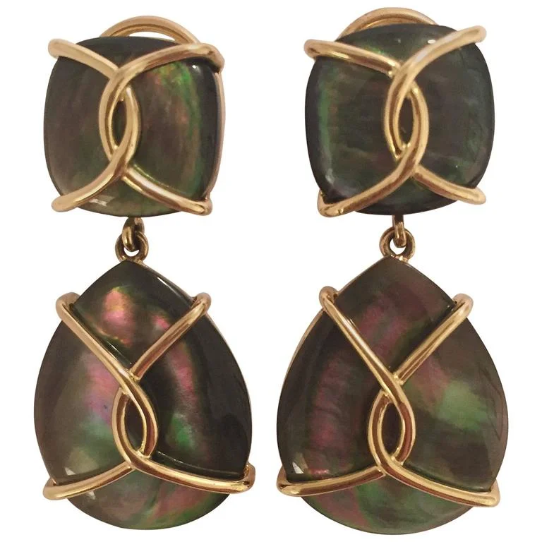 Bold cross earrings-18kt Yellow Gold Abalone Cushion and pear shaped Drop Earrings with Twisted Gold Detail