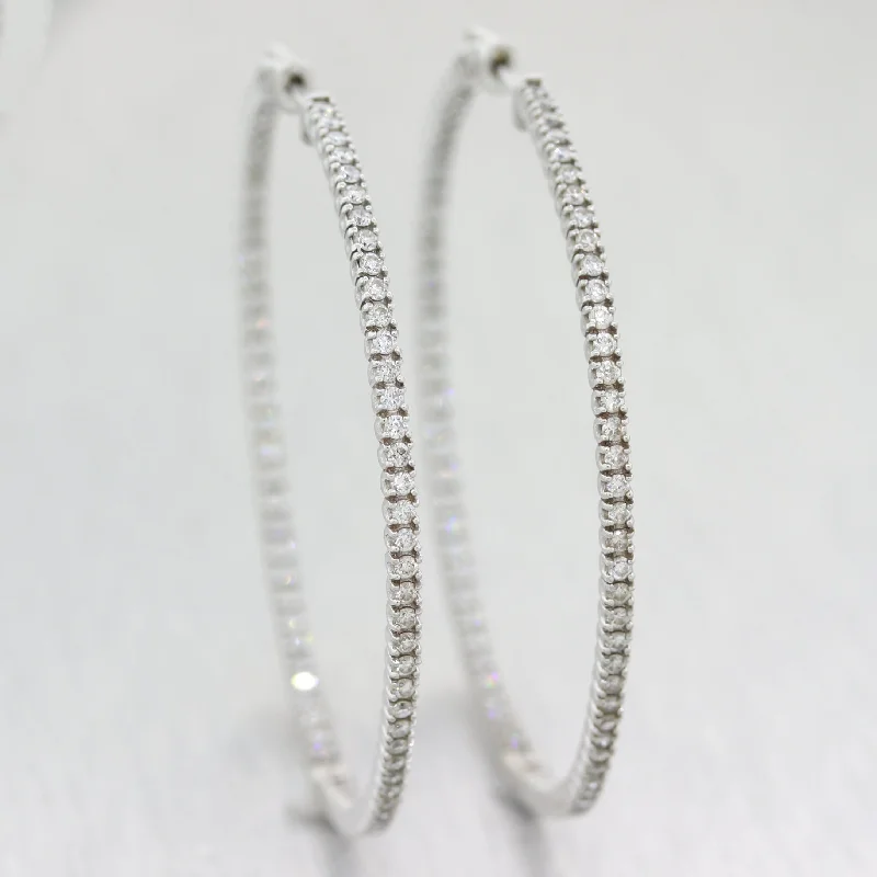 Silk tassel earrings-Modern 14k White Gold Extra Large 3ctw Diamond In & Out Hoop Earrings