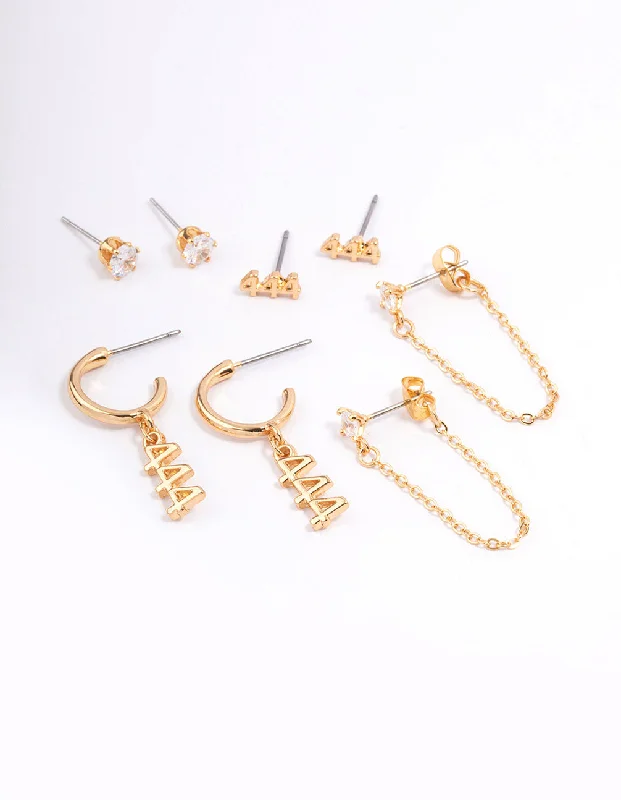 Layered tier earrings-Gold Plated 444 Angel Number Earring Pack