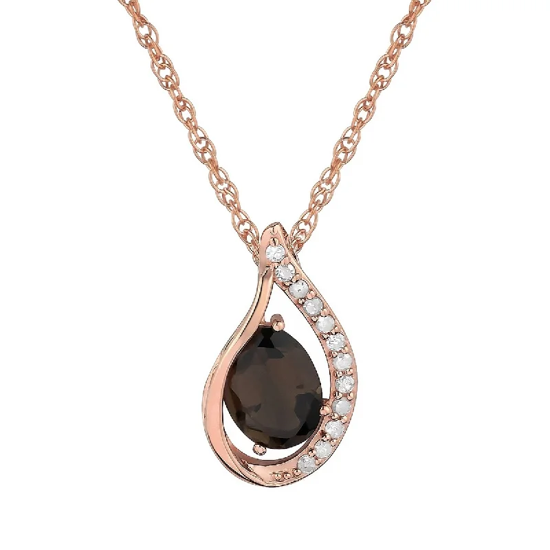 Haze glass necklaces-Viducci 10k Rose Gold Genuine Oval Smoky Quartz and Diamond Halo Drop Pendant Necklace