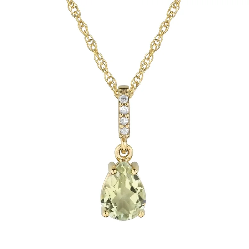 Wave pattern necklaces-Viducci 10k Yellow Gold Genuine Pear-Shape Green Amethyst and Diamond Drop Pendant Necklace