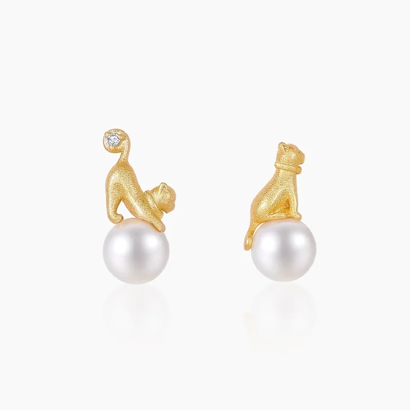 Playful pair earrings-Cat Pearl Earring Studs in Sterling Silver