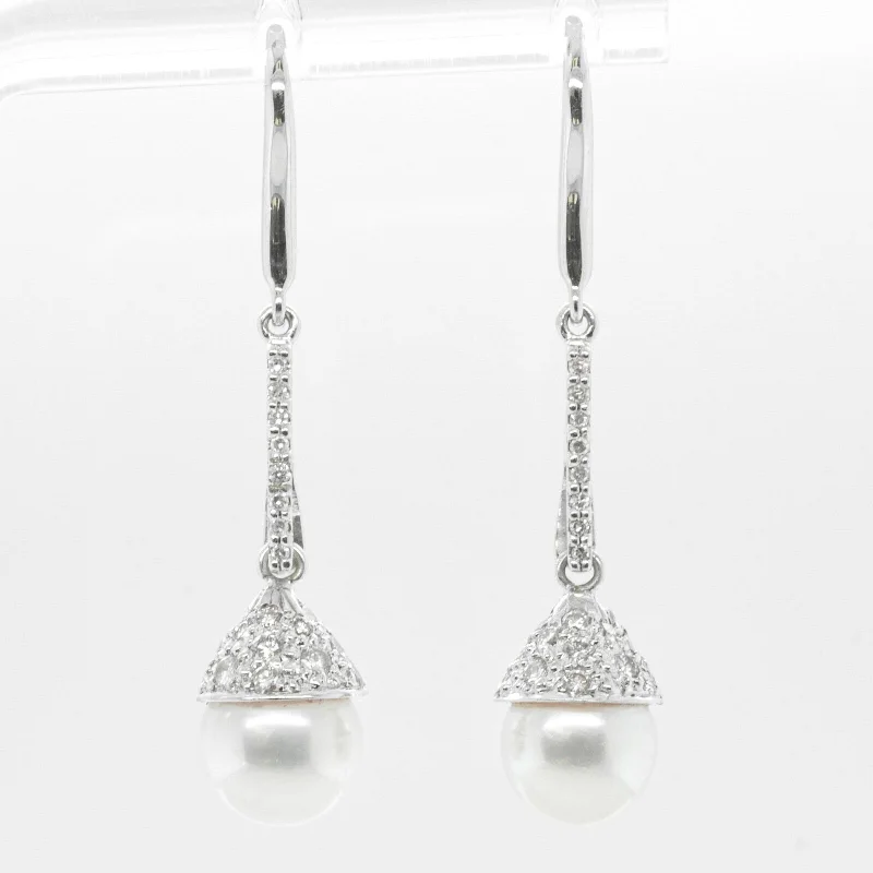 Fox wing earrings-18k & 14k White Gold Diamond 8.25mm Pearl Earrings 0.45ctw 5.1g