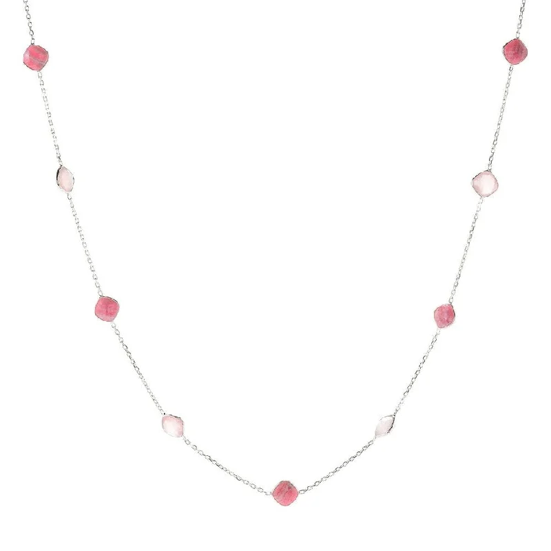 Chic art necklaces-Sterling Silver 36" 10mm Cushion Shaped Rhodochrosite Station Necklace