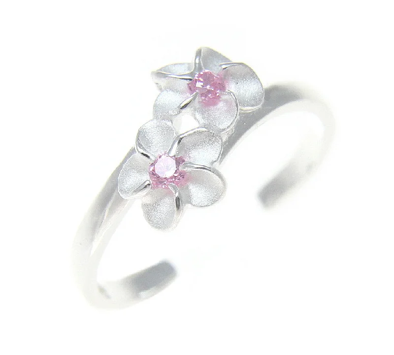 Dainty stack engagement rings-925 Sterling Silver Hawaiian Double Plumeria Flower Pink CZ Open Toe Ring