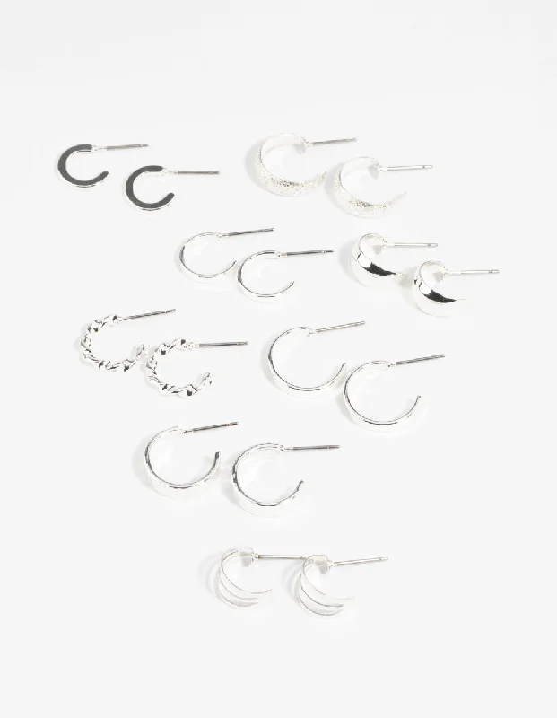 Bright stud earrings-Silver Textured Hoop Earring 8-Pack