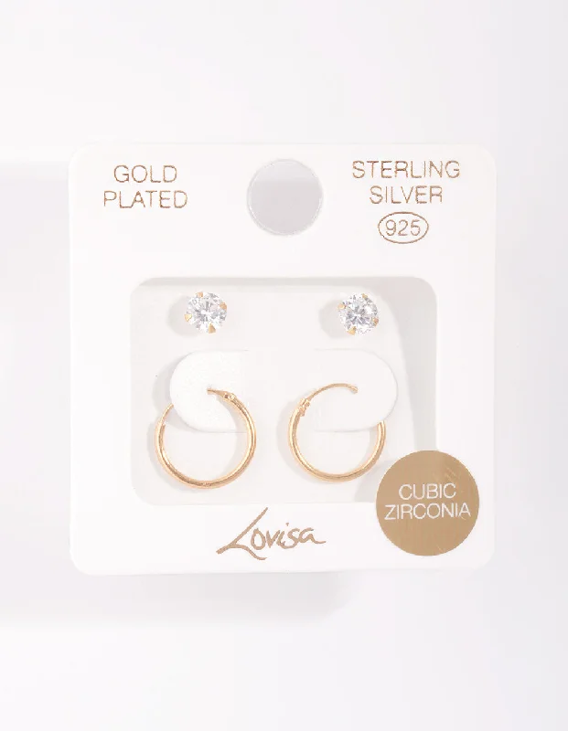 Polished art earrings-Gold Plated Sterling Silver Diamante Stud & Hoop Pack