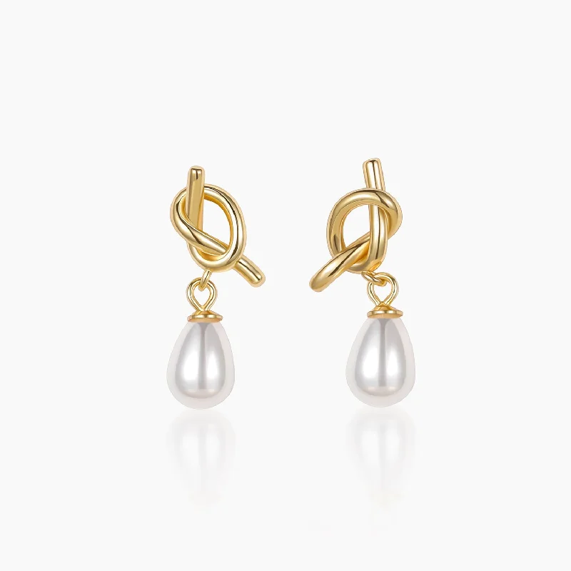 Ruby stone earrings-14K Gold Plated Knotted Pearl Earrings